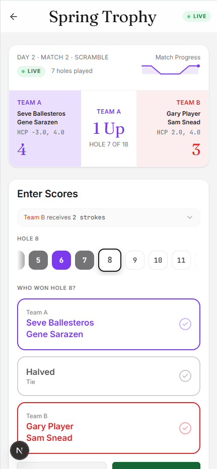 Mobile score entry screen